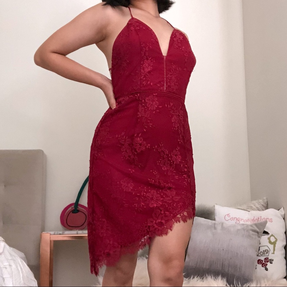 NBD Red Lace Midi Cocktail Dress w/ Leg Slit